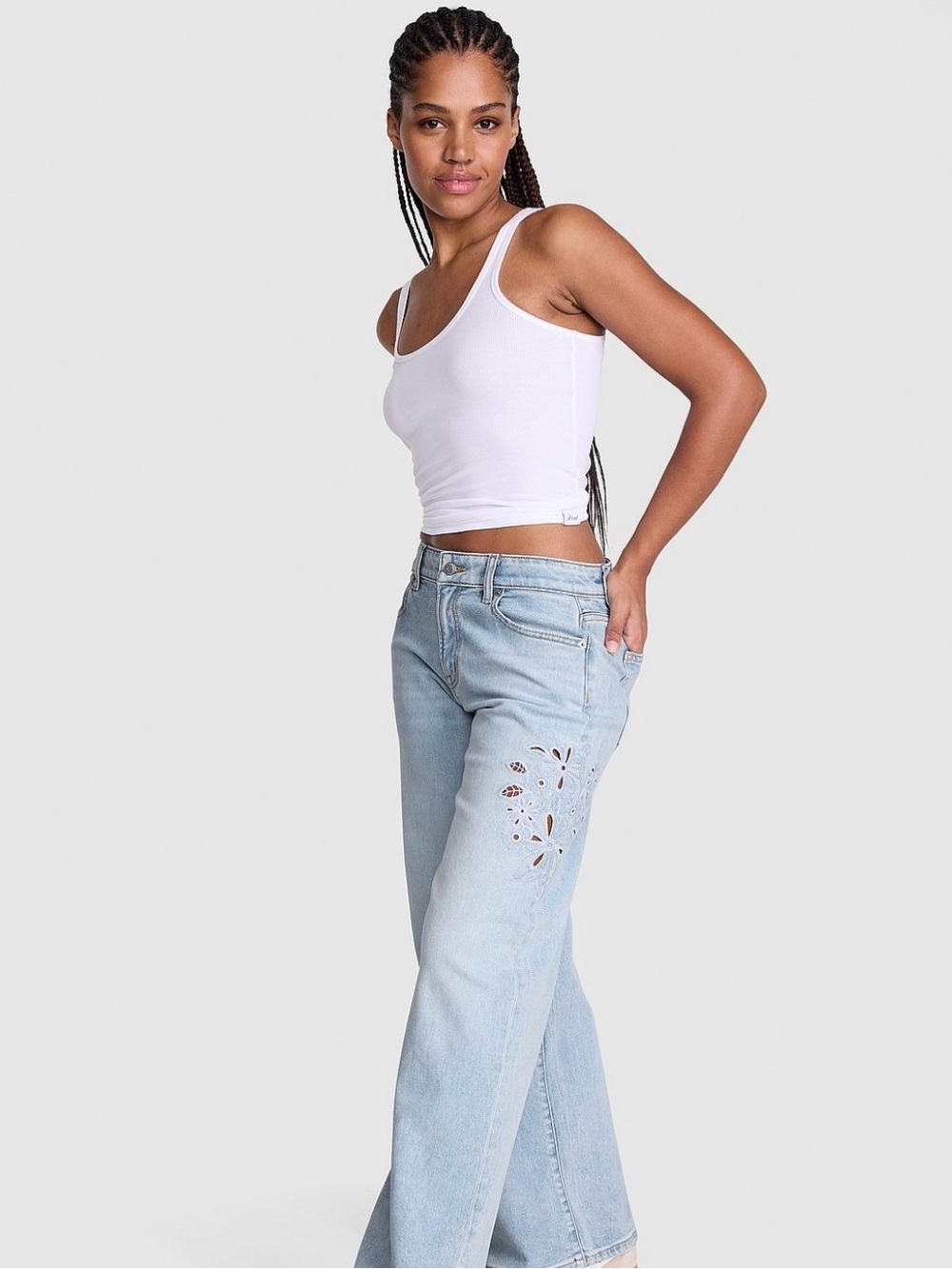 Victoria's Secret Light Blue Wide-Leg Jeans with Cutout Floral Detail